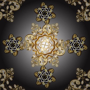 Good for greeting card for birthday, invitation or banner. Seamless medieval floral royal pattern. Decorative symmetry arabesque. Gold on yellow, gray and brown colors. Vector illustration.