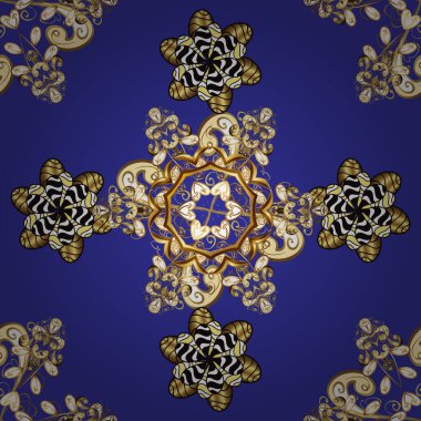Traditional orient ornament. Seamless pattern on brown, yellow and blue colors with golden elements. Classic vintage background. Seamless classic vector golden pattern.
