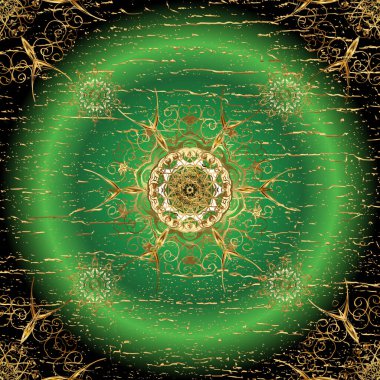 Damask seamless repeating pattern. Gold floral ornament in baroque style. Antique golden repeatable wallpaper. Golden element on brown, black and green colors.