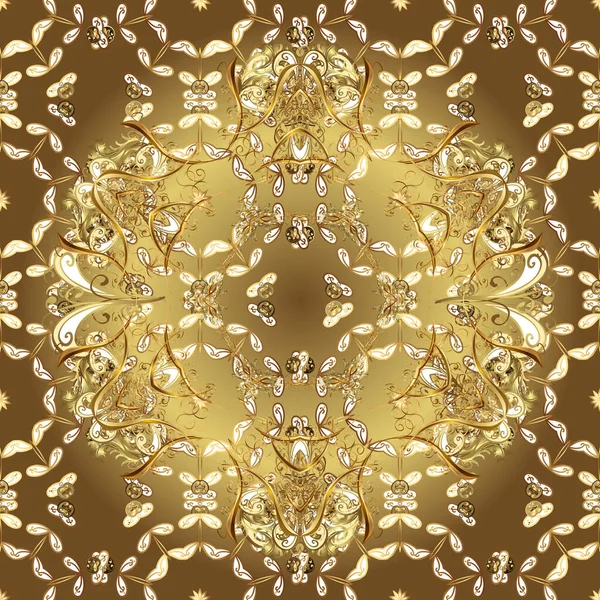 Abstract wallpaper, wrapping decoration. Golden snowflake simple seamless pattern. Vector golden pattern on beige, yellow, brown colors. Symbol of winter, Merry Christmas holiday, Happy New Year 2019.
