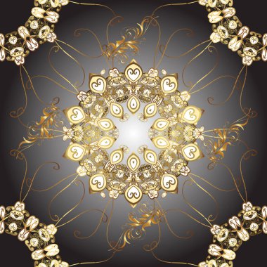 Seamless pattern with gold antique floral medieval decorative, leaves and golden pattern ornaments on beige, gray and brown colors. Seamless royal luxury golden baroque damask vintage.