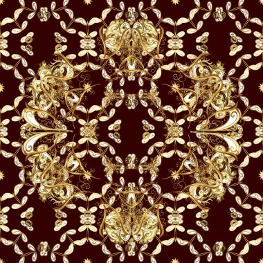 Golden pattern. Brown, beige and white colors with gold elements. Seamless golden textured curls. Oriental style arabesques.