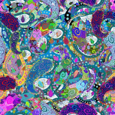 Seamless Floral Pattern in Flowers on green, neutral and blue colors in watercolor style.