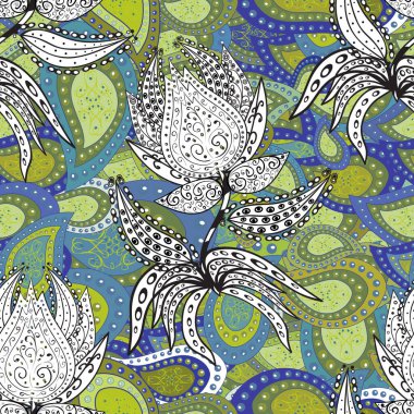 Watercolor painting of leaf and flowers, seamless pattern on green, white and blue colors. Gentle, spring floral on green, white and blue colors.