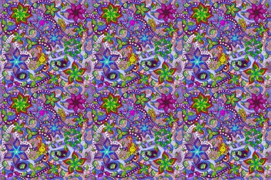 Flat Flower Elements Design. Seamless flowers pattern. Beautiful fabric pattern. In asian textile style. Colour Spring Theme seamless pattern Background.