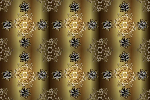 Classic vintage background. Traditional orient ornament. Golden pattern on brown, yellow and beige colors with golden elements. Seamless classic raster golden pattern.
