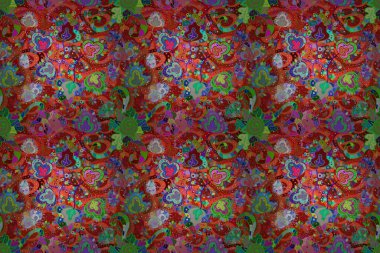 Doodle style. Perfect for textile, cover design. Flowers on pink, green and red colors. Colorful pink, green and red seamless pattern. Hand drawn seamless autumn floral flower pattern.