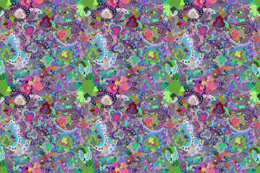 Flowers on green, neutral and blue colors. Tropical seamless floral pattern.