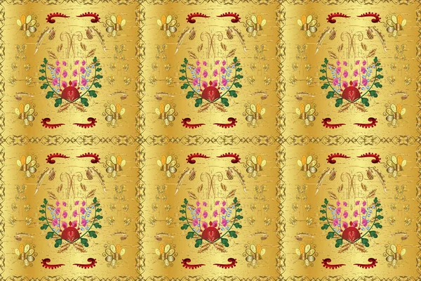 Seamless damask classic golden pattern. Abstract background with repeating elements. Golden seamless pattern on beige, brown and yellow colors with golden elements.
