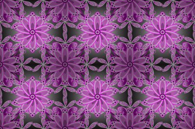 Flower seamless on gray, violet and pink colors. Flowers on gray, violet and pink colors. Flourish ornamental spring garden texture. Floral pattern. Raster illustration.