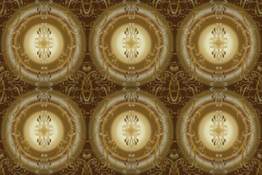 Golden pattern on beige, yellow and brown colors with golden elements. Traditional classic golden pattern. Seamless oriental ornament in the style of baroque. Raster oriental ornament.