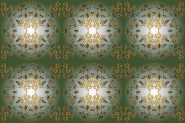 Raster abstract background with repeating elements. Raster illustration. Seamless damask classic golden pattern. Golden seamless pattern on green, neutral and gray colors with golden elements.