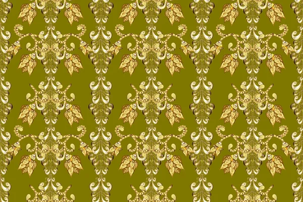 Seamless pattern with gold antique floral medieval decorative, leaves and golden pattern ornaments on beige, yellow and brown colors. Seamless royal luxury golden baroque damask vintage.