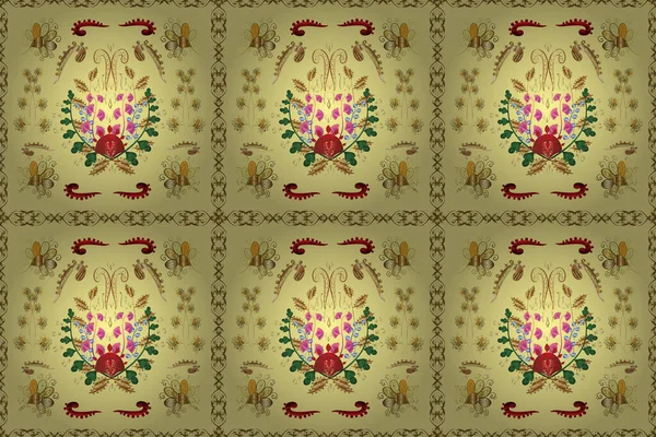 Golden pattern on brown, neutral and yellow colors with golden elements. Traditional orient ornament. Seamless classic raster golden pattern. Classic vintage background.