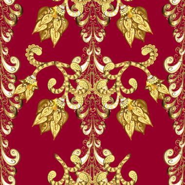 Damask seamless repeating pattern. Antique golden repeatable wallpaper. Golden element on brown, yellow and red colors. Gold floral ornament in baroque style.