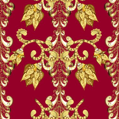 Damask gold abstract flower seamless pattern on brown, yellow and red colors. Ornate decoration. Vector illustration.