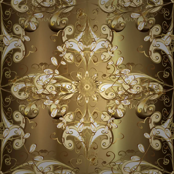Golden color seamless illustration. Golden seamless pattern on brown, yellow and beige colors with golden floral elements. Vector geometric background. For your design, wallpaper.