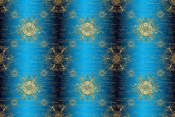 Backdrop, fabric, gold wallpaper. Golden pattern on brown, beige and blue colors with golden elements. Raster golden seamless pattern. Flat hand drawn vintage collection.