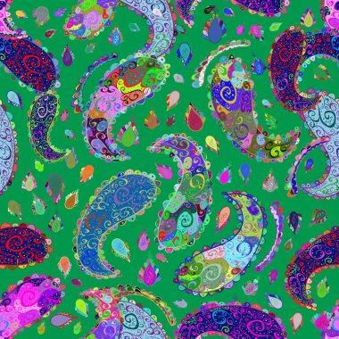 Tropical seamless pattern with many green, violet and blue abstract flowers. Varicologreen, violet and blue vector seamless illustration. Cute Floral pattern in the small flower.