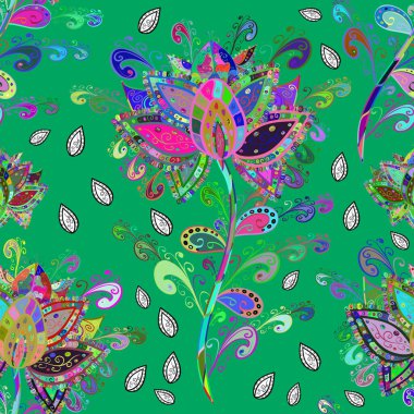 Colorful ornamental border. Indian ornament. On blue, green and violet colors. Floral wallpaper. Seamless pattern. Vector illustration.