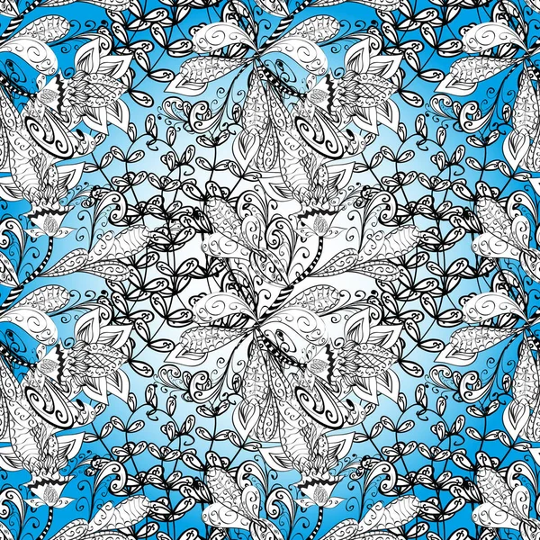 Trendy seamless Floral Pattern In. Flat Flower Elements Design. Colour Summer Theme seamless pattern Background. Flowers on blue, black and white colors.
