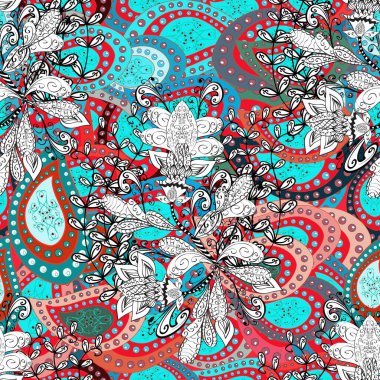 Modern flourish red, white and blue vector background wallpaper illustration with vintage line art tracery paisley flowers, flowery ornaments. Floral hand drawn seamless pattern.