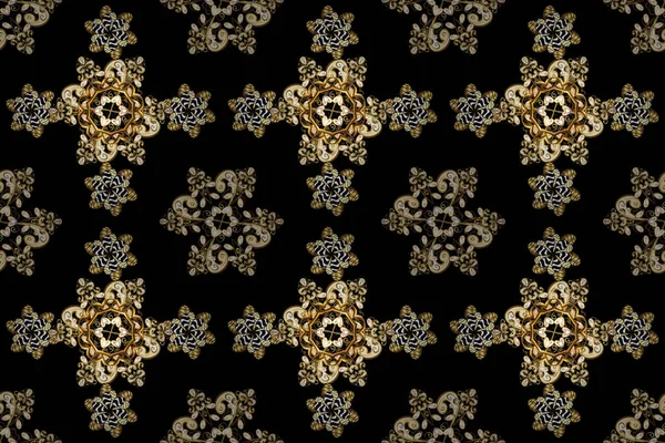 Seamless damask classic golden pattern. Raster illustration. Golden seamless pattern on brown, black and yellow colors with golden elements. Raster abstract background with repeating elements.
