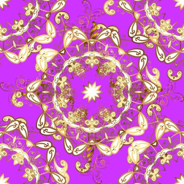 Golden pattern. Metal with floral pattern. White, violet and brown colors with golden elements. Vector golden floral ornament brocade textile pattern.