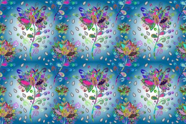 Flowers on neutral, green and blue colors. Flat Flower Elements Design. Colour Spring Theme seamless pattern Background. Seamless Floral Pattern in.