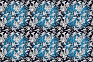 Colour Summer Theme seamless pattern Background. Flat Flower Elements Design. Trendy seamless Floral Pattern In. Flowers on black, blue and white colors.