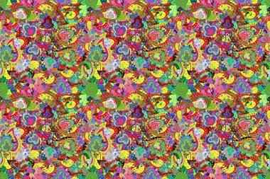 Gentle, summer floral background. Floral pattern in doodle style with flowers. Flowers on yellow, green and red colors.