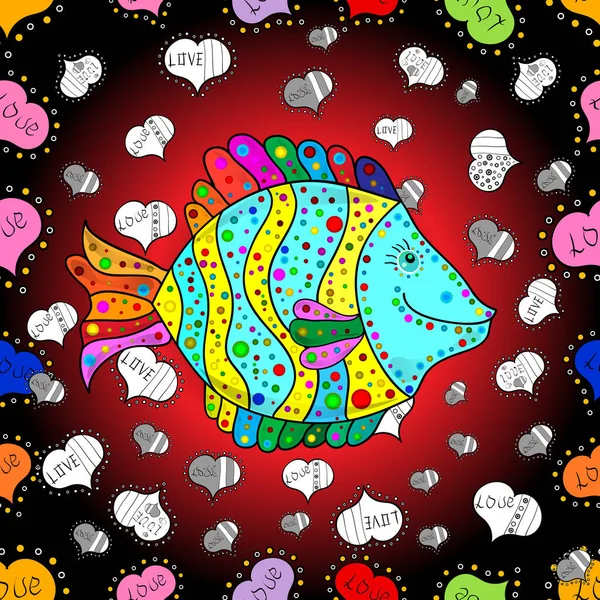 Seamless colorful background. Colorful cute texture fish pattern. Fishe on black, red and blue colord.