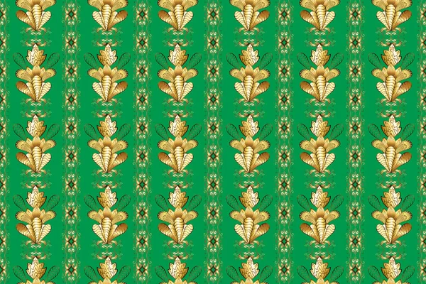 Seamless classic raster golden pattern. Floral ornament brocade textile pattern, glass, metal with floral pattern on beige, green and brown colors with golden elements.