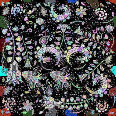 Fashionable fabric pattern. Colour Spring Theme seamless pattern Background. Flat Flower Elements Design. Cute flowers pattern with black, neutral and blue colors.