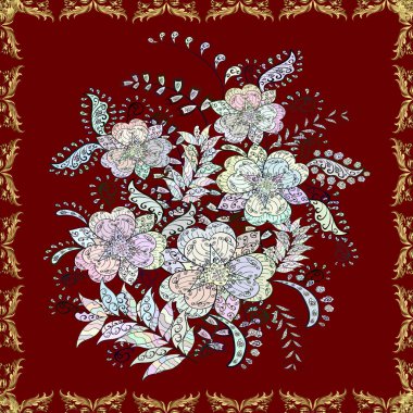 Flowers on red, neutral and gray colors. Vector illustration. In asian textile style. Seamless flowers pattern. Vector illustration.