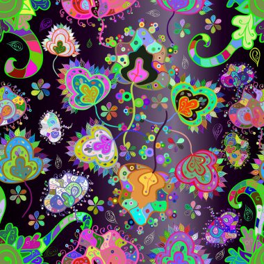 Cute flower vector pattern. Flat Flower Elements Design. Flowers on black, green and neutral colors. Colour Spring Theme seamless pattern Background.