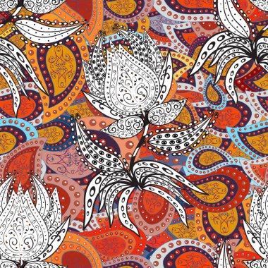 Flowers on gray, orange and white colors. Cute flower vector pattern. Colour Spring Theme seamless pattern Background. Flat Flower Elements Design.