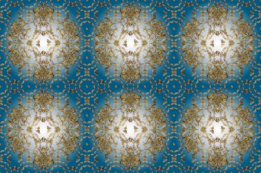 Good for greeting card for birthday, invitation or banner. Seamless medieval floral royal pattern. Decorative symmetry arabesque. Raster illustration. Gold on white, blue and neutral colors.