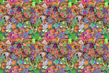 Hand drawn abstract fancy elements. Watercolor painting imitation. Summer blooming theme. Vintage flowers. Orange, green and blue colors.