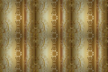 Gold Wallpaper on texture background. Damask seamless repeating background. Golden element on yellow, beige and brown colors. Gold floral ornament in baroque style.