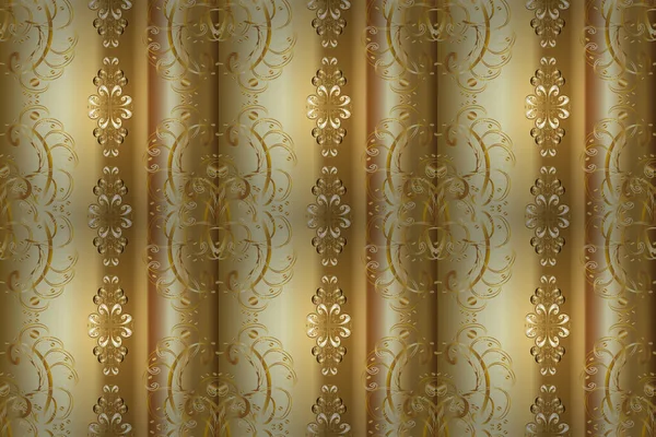 Gold Wallpaper on texture background. Damask seamless repeating background. Golden element on yellow, beige and brown colors. Gold floral ornament in baroque style.