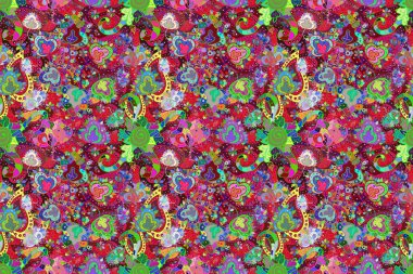 Düz Çiçek Elementleri Tasarımı. Süslü kumaş desenli kusursuz çiçek deseni. Renkli Bahar Teması Kusursuz Arkaplan.