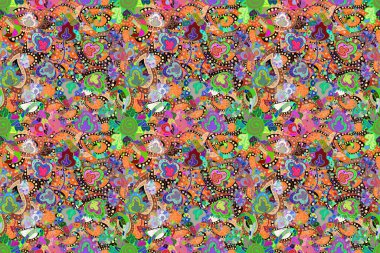 Hand drawn abstract fancy elements. Watercolor painting imitation. Summer blooming theme. Vintage flowers. Orange, green and blue colors.