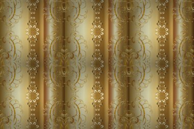 Gold Wallpaper on texture background. Damask seamless repeating background. Golden element on yellow, beige and brown colors. Gold floral ornament in baroque style.