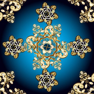Golden pattern on a black, yellow and blue colors with golden elements. Ornate decoration. Vector vintage baroque floral seamless pattern in gold. Luxury, royal and Victorian concept.