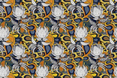 Flowers on blue, white and gray colors. Flower painting raster for t shirt printing. Floral seamless pattern background.