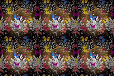 Cute trend butterflies. Raster traditional folk nice decor on white, black and brown background for clothing design.