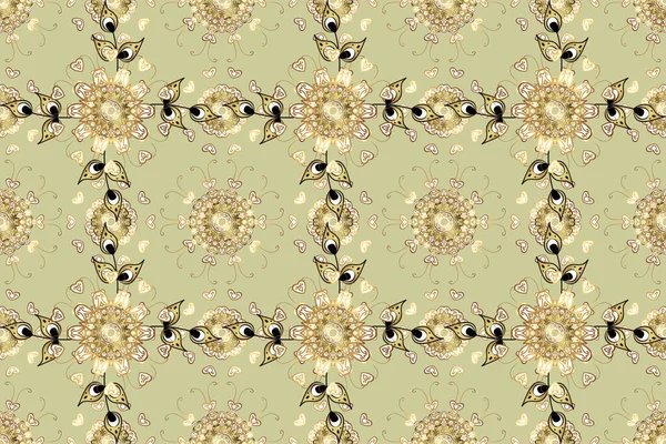 Vintage seamless pattern on a brown, neutral and white colors with golden elements. Raster illustration.