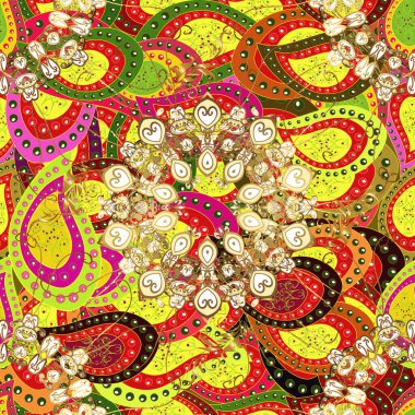 Vintage seamless pattern on a red, yellow and brown colors with golden elements.