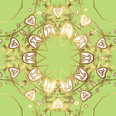 Seamless pattern on neutral, brown and yellow colors with golden elements. Classic vintage background. Traditional orient ornament. Classic golden seamless pattern.